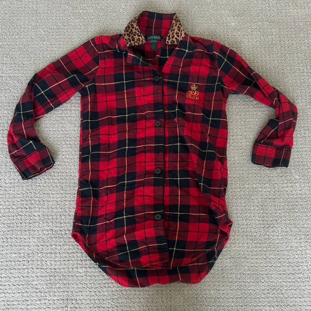 Ralph Lauren Red Plaid Nightshirt with Leopard Collar